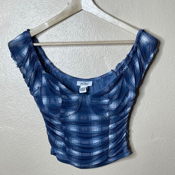 Just Polly New York Shirt Womens Medium Blue Mesh Stretch Cropped Top - Picture 1 of 8